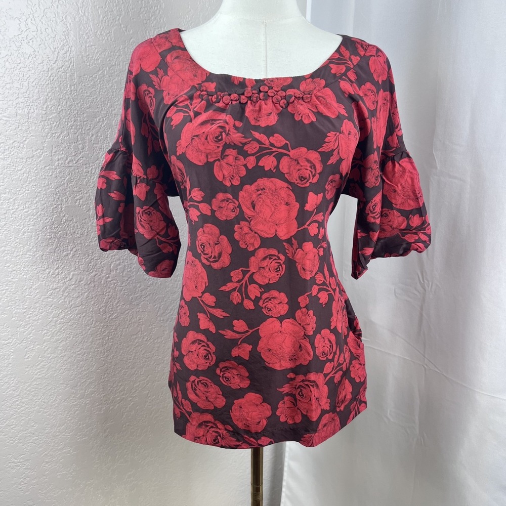 Y2K Aquarius 100% Silk Top Womens Medium Red Rose Floral Boho Romantic Fairy